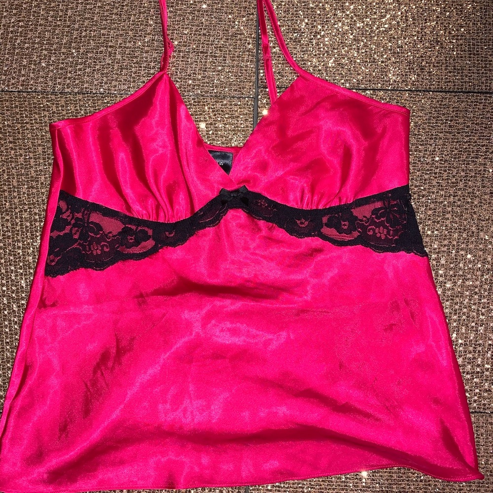 Hot pink silky cami with black lace detail top